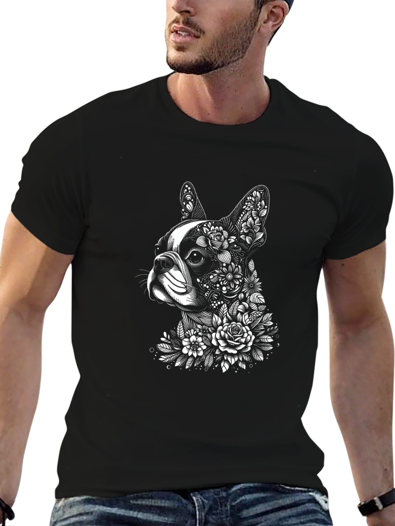 Floral Dog Graphic T-Shirt - Black Cotton Tee
