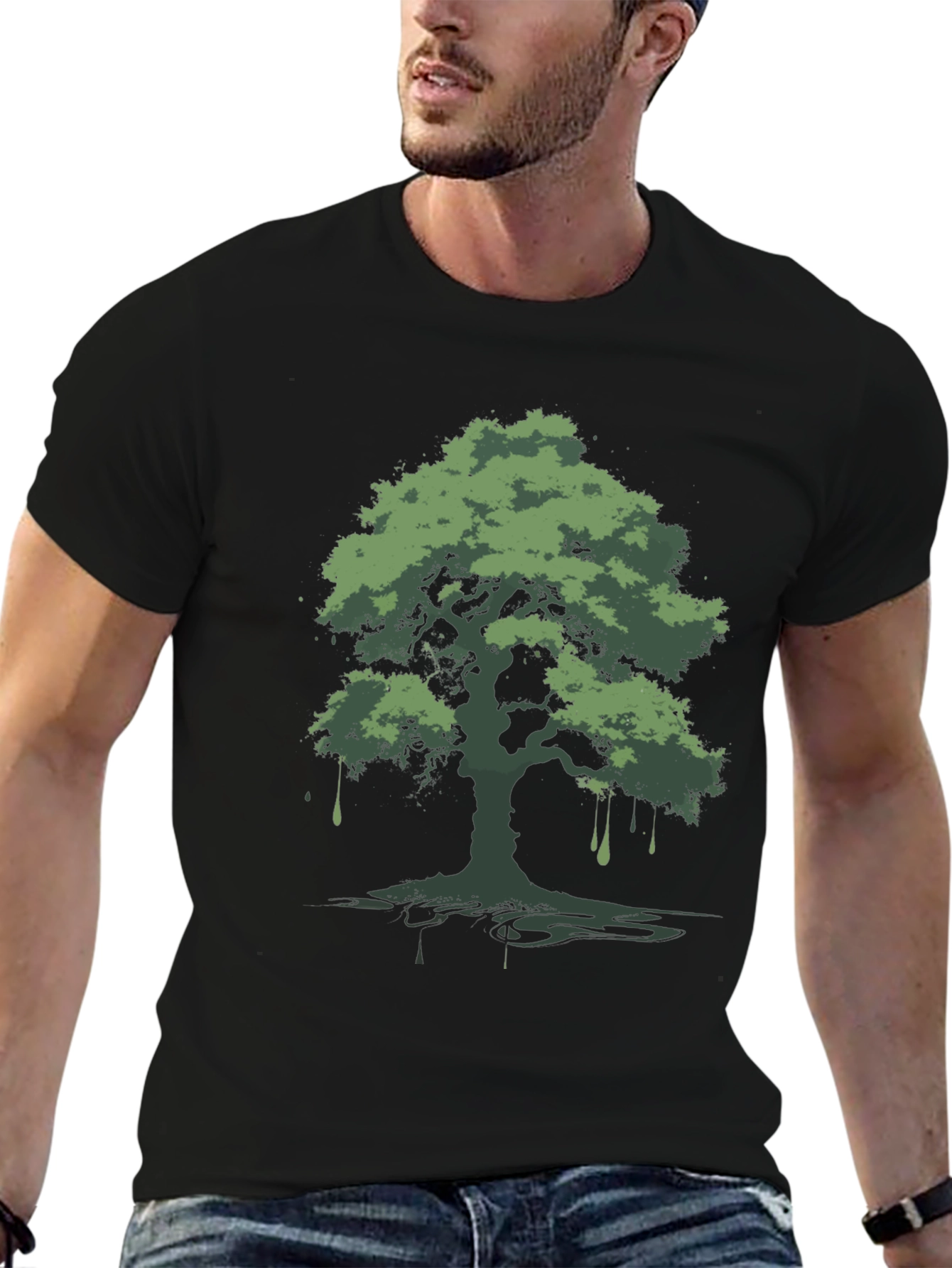 Green Tree Graphic Black T-Shirt