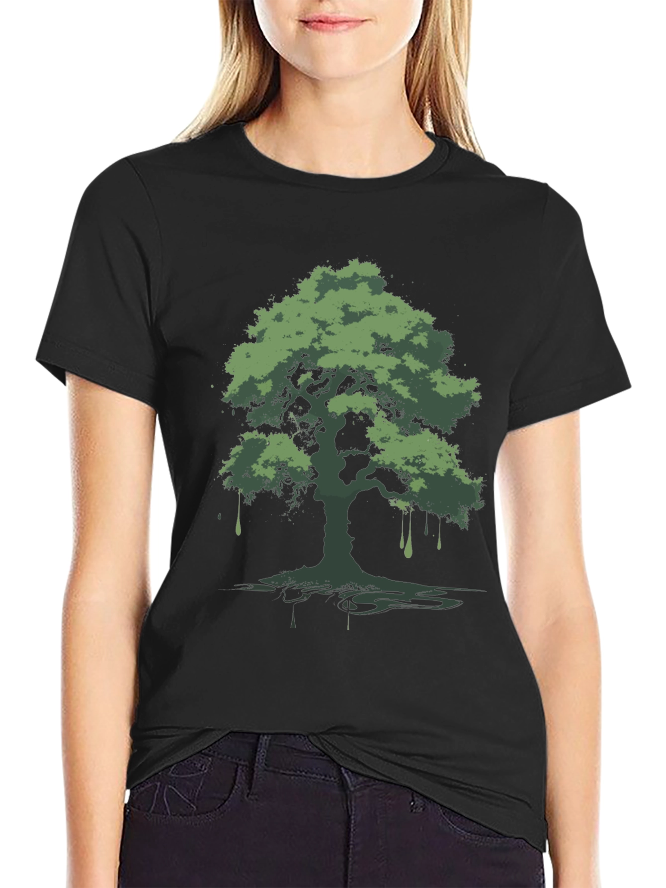 Green Tree Graphic Black T-Shirt