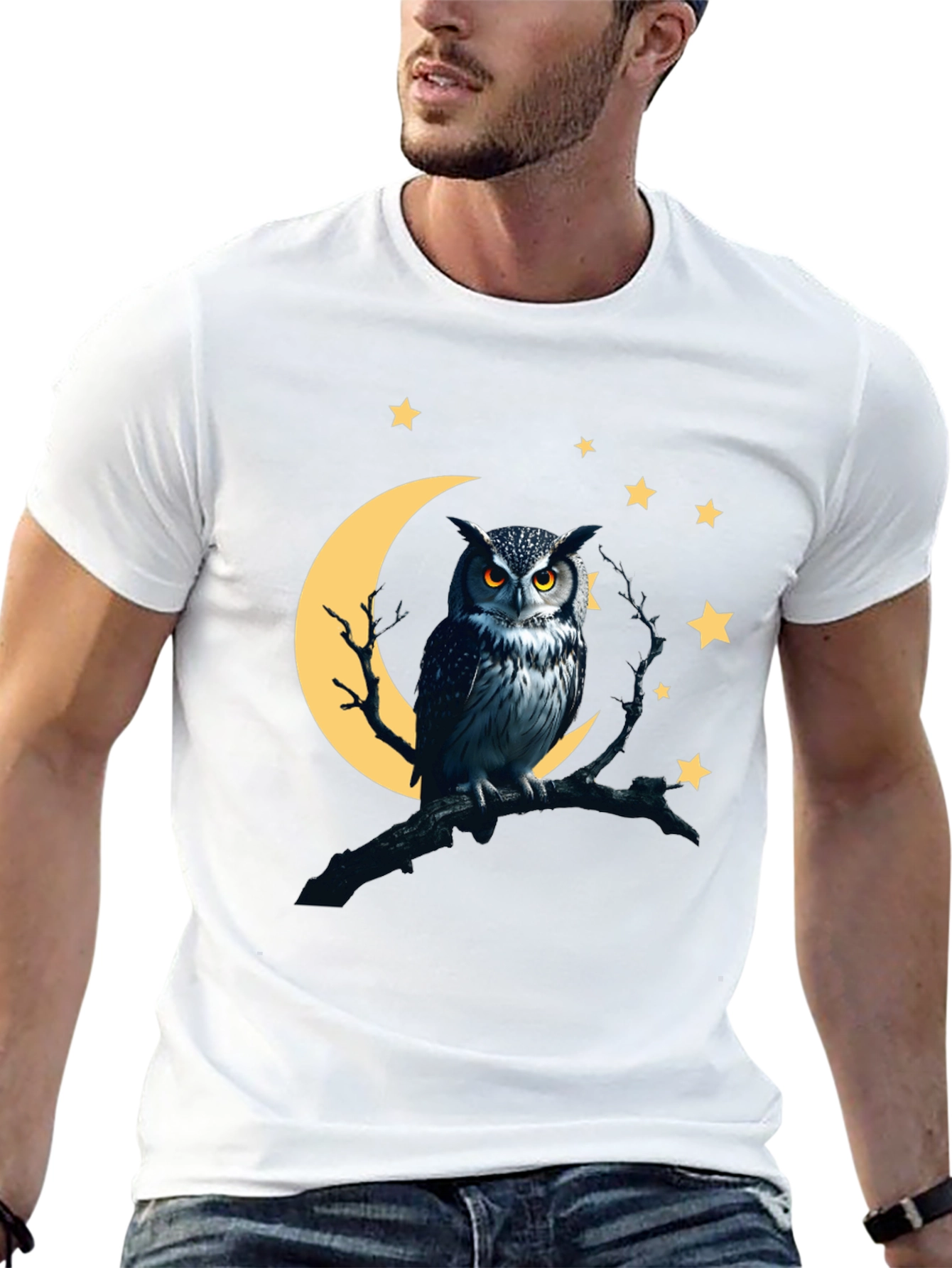 Owl Moon Starry Night Black T-Shirt