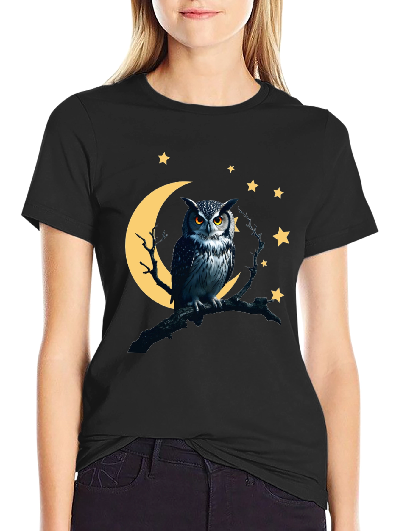 Owl Moon Starry Night Black T-Shirt