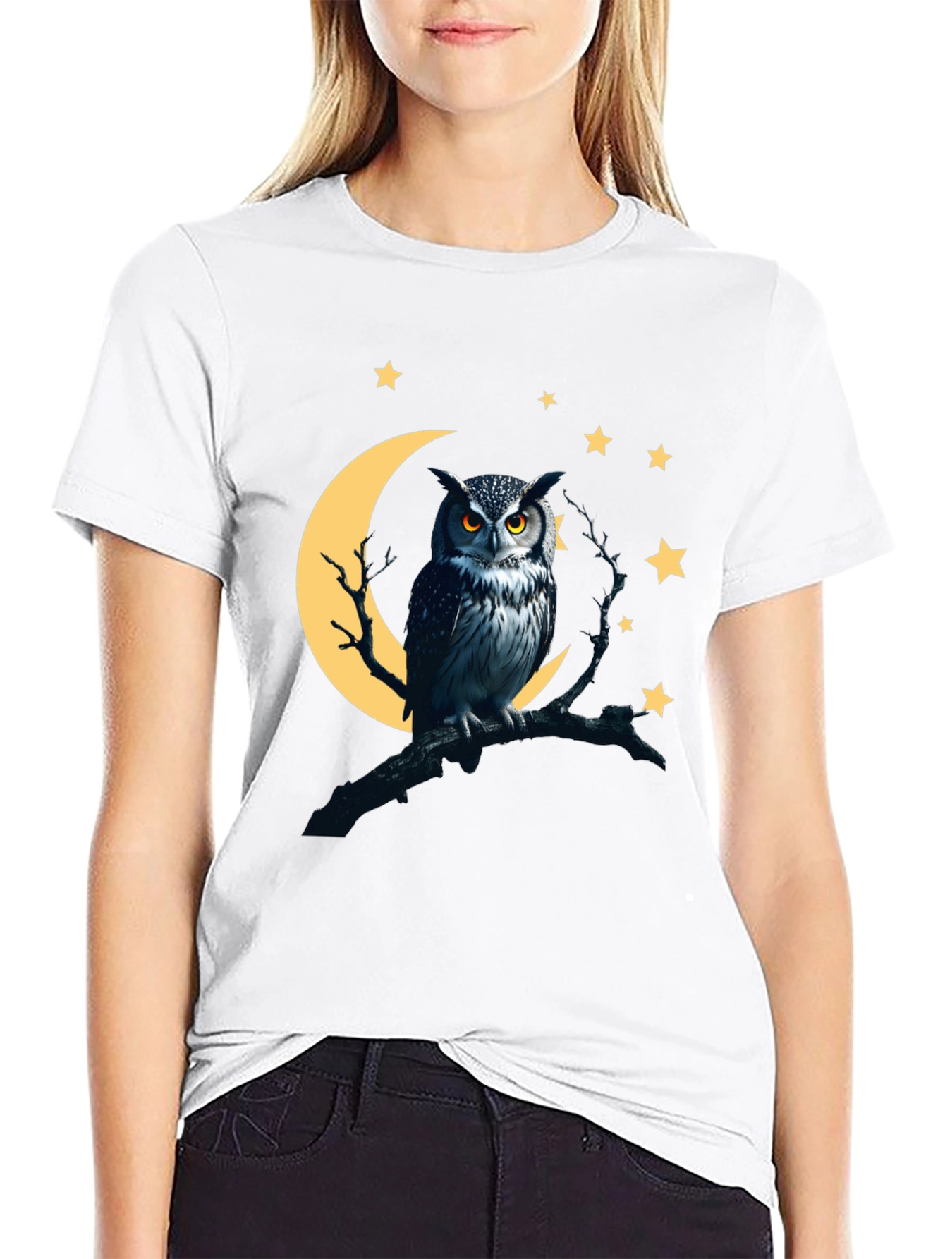Owl Moon Starry Night Black T-Shirt