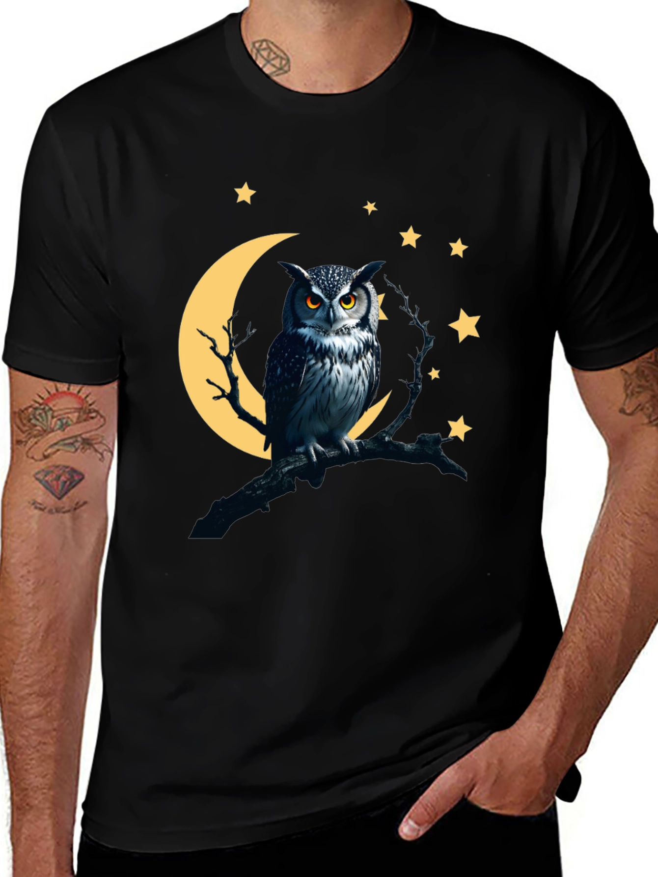 Owl Moon Starry Night Black T-Shirt