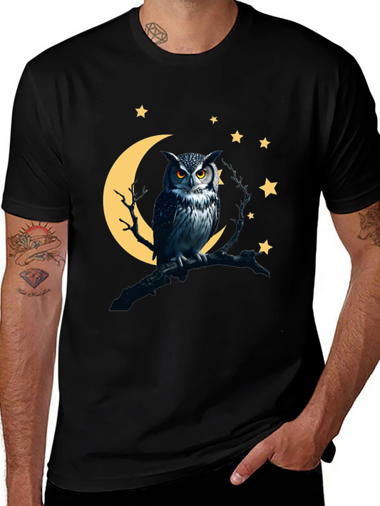Owl Moon Starry Night Black T-Shirt