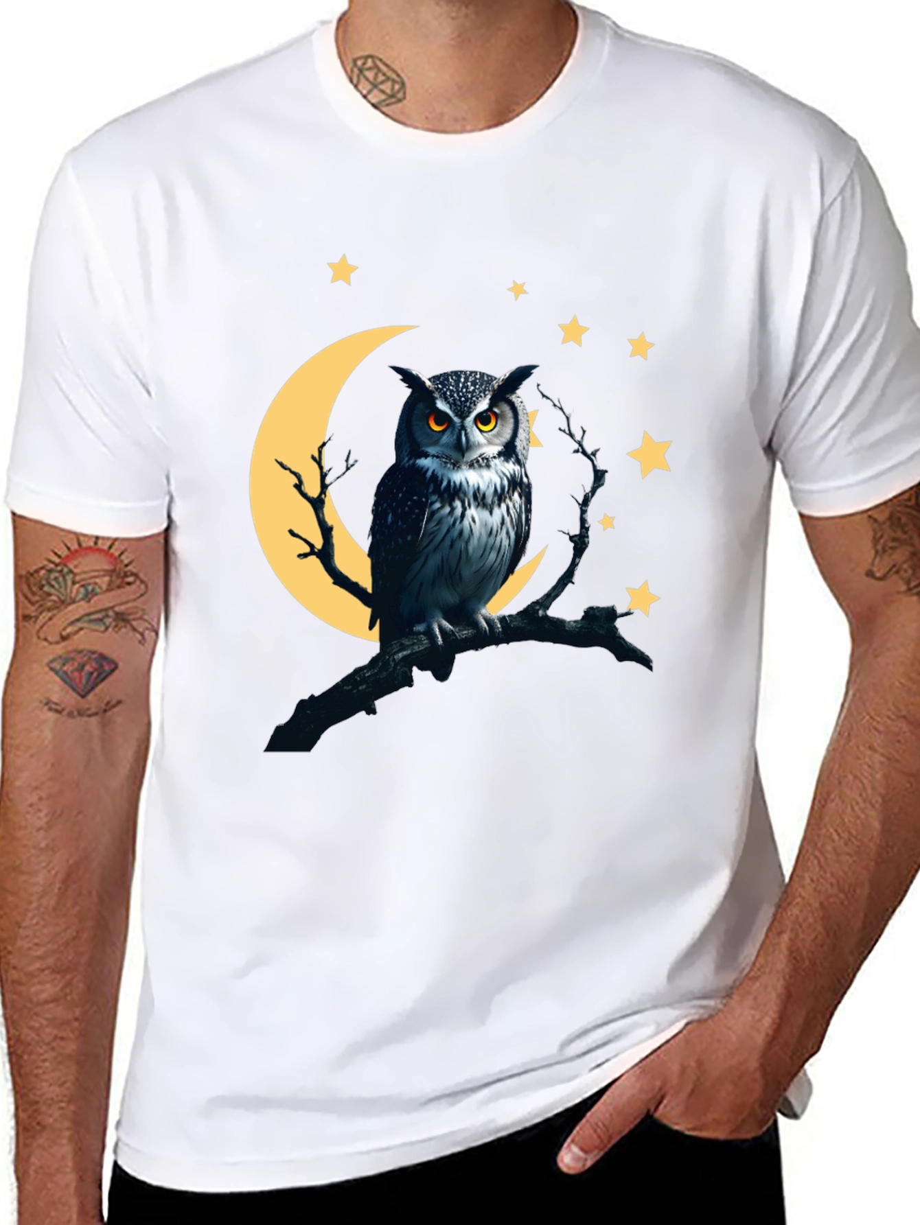 Owl Moon Starry Night Black T-Shirt