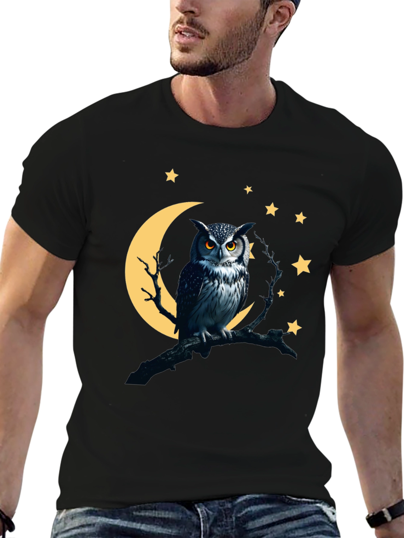 Owl Moon Starry Night Black T-Shirt