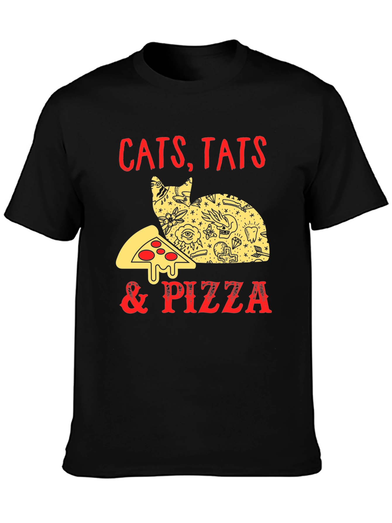 Cats Tats & Pizza T-Shirt - Black Graphic Tee