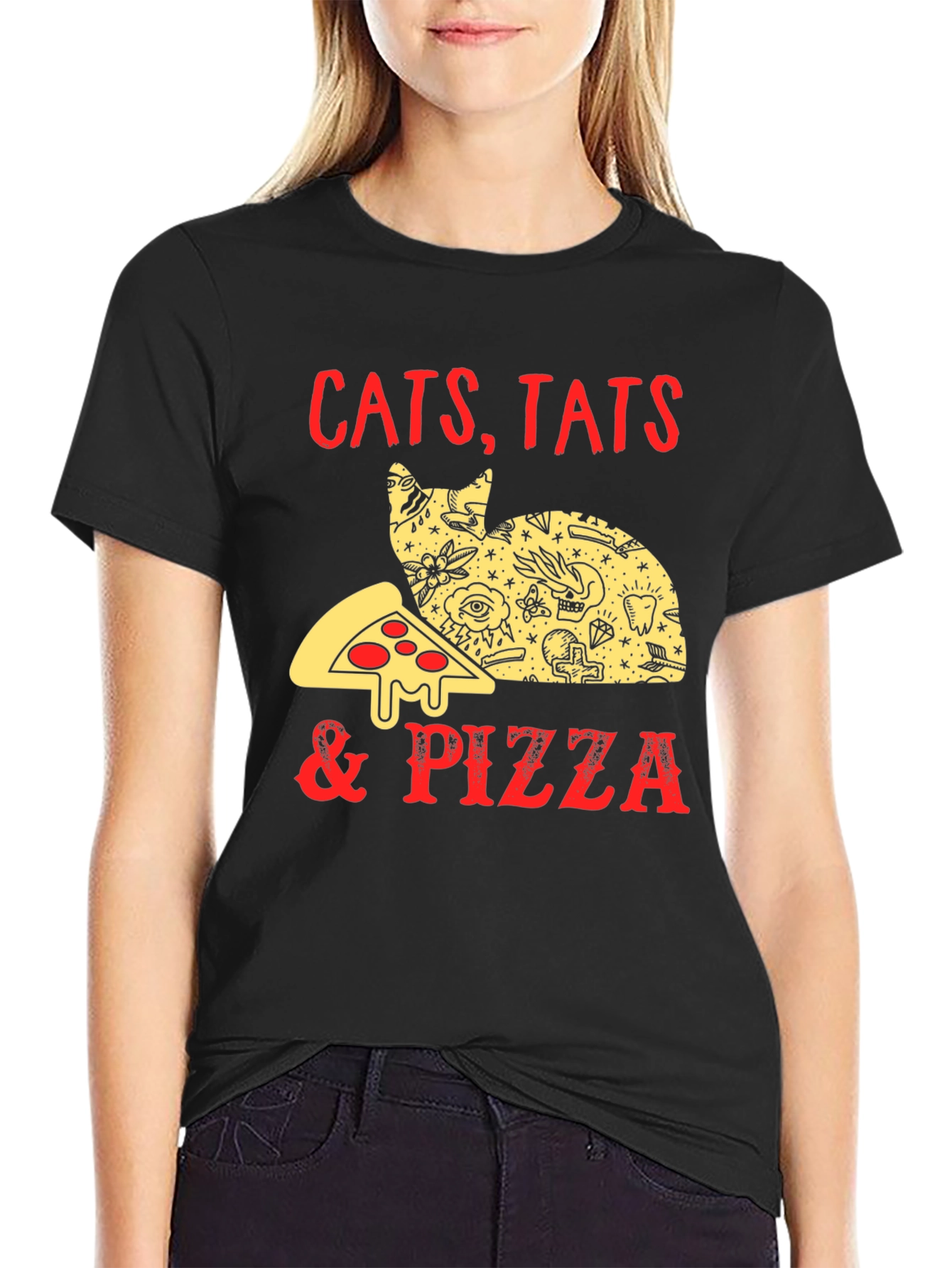 Cats Tats & Pizza T-Shirt - Black Graphic Tee