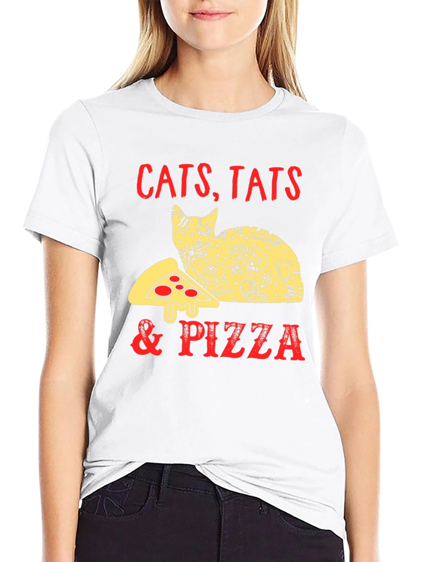 Cats Tats & Pizza T-Shirt - Black Graphic Tee