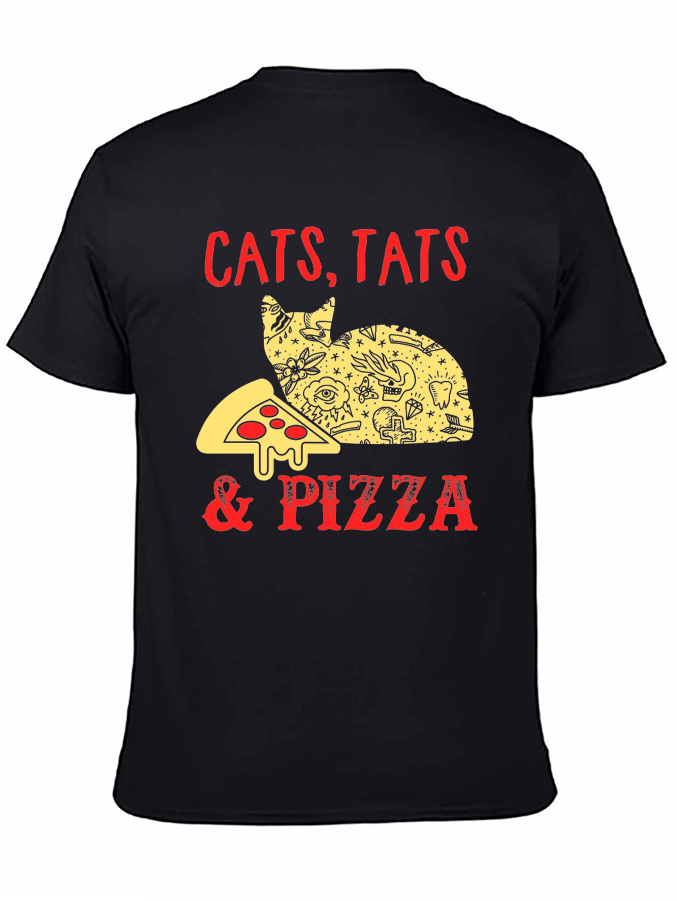 Cats Tats & Pizza T-Shirt - Black Graphic Tee