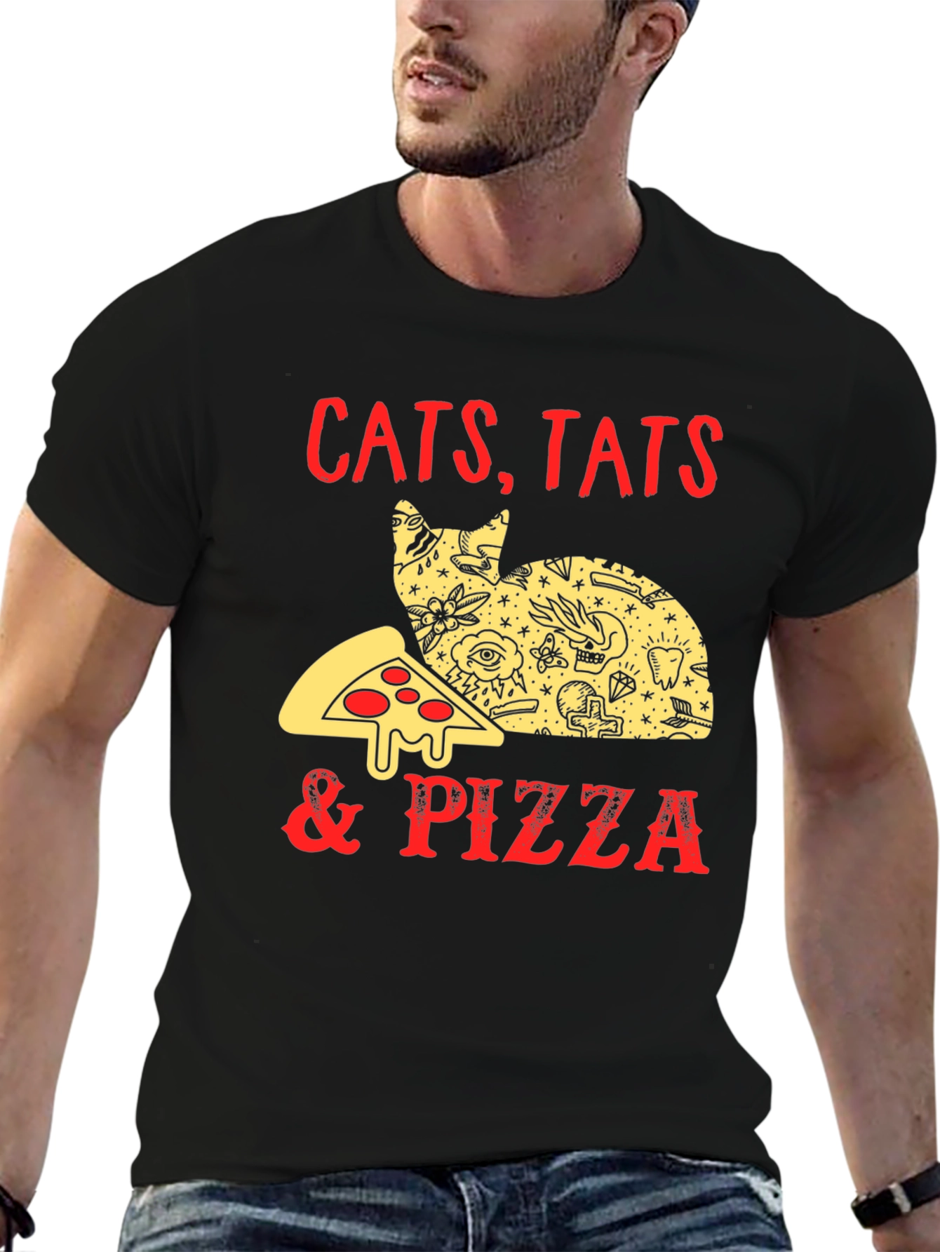 Cats Tats & Pizza T-Shirt - Black Graphic Tee