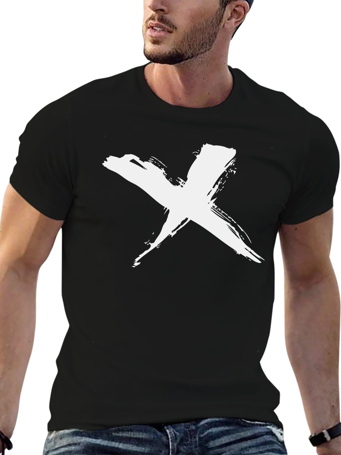Black T-Shirt with White Brush Stroke X Design