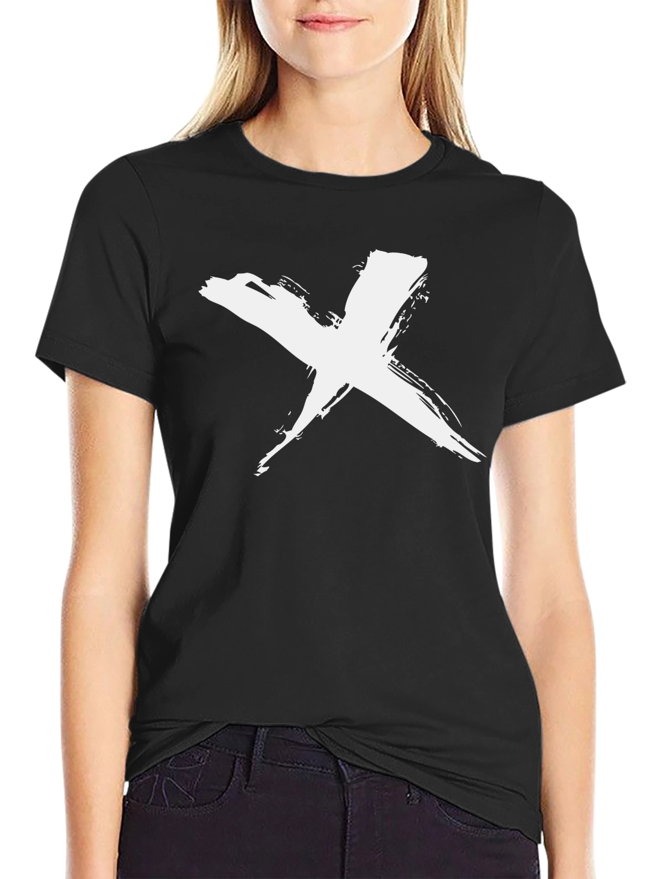 Black T-Shirt with White Brush Stroke X Design