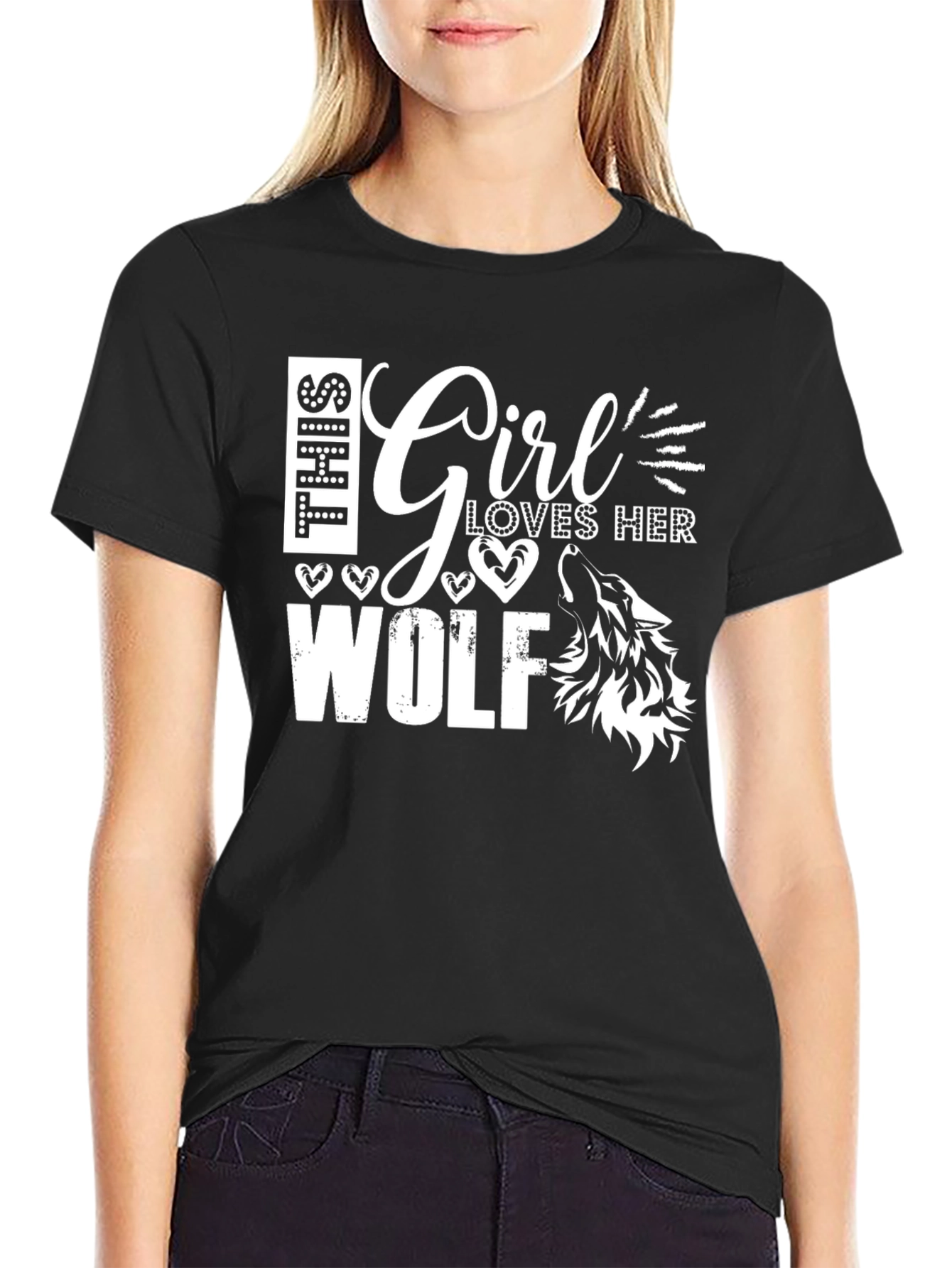 Girl Loves Wolf Graphic T-Shirt Black