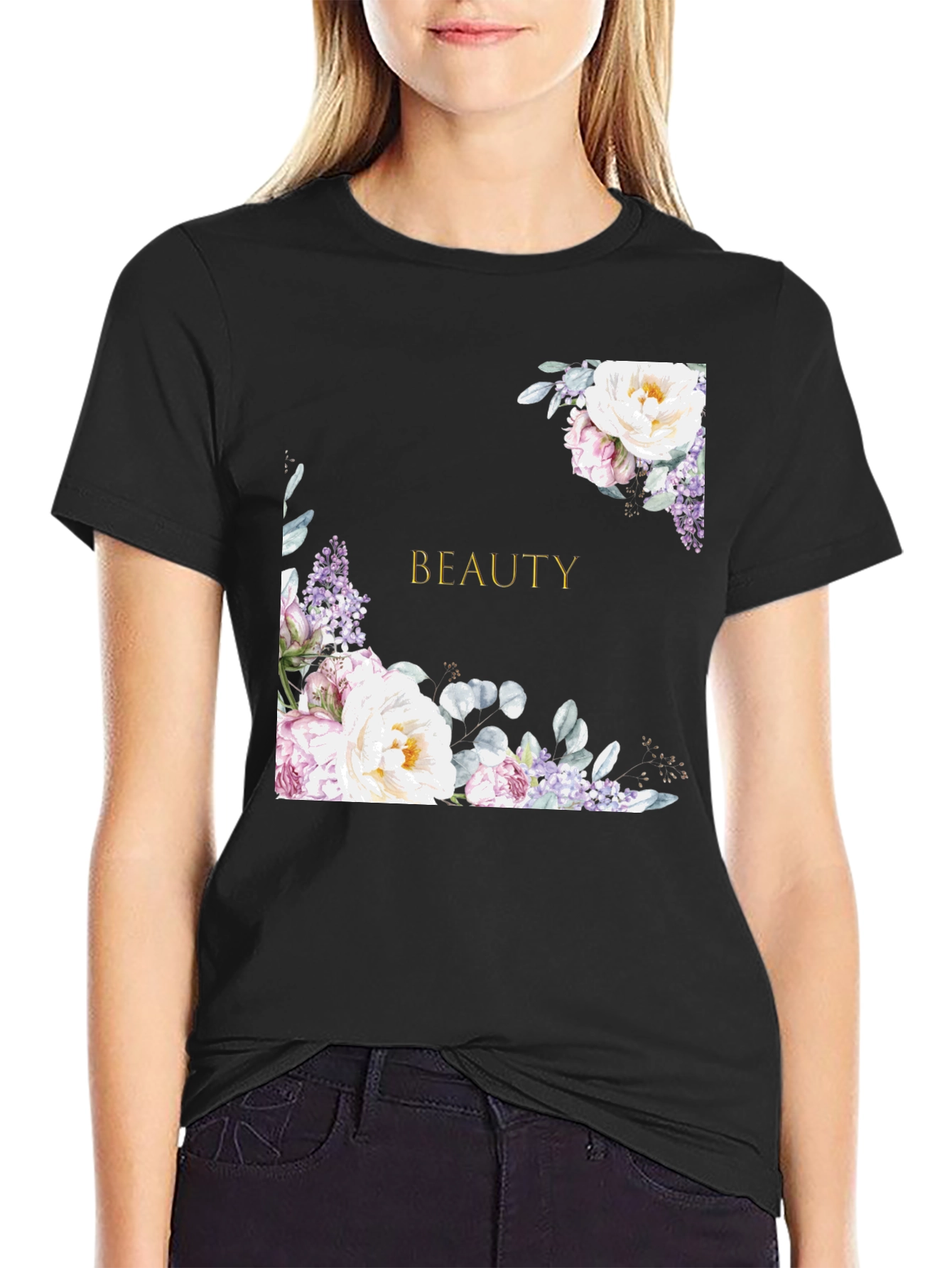 Floral Beauty Graphic Print Black T-Shirt