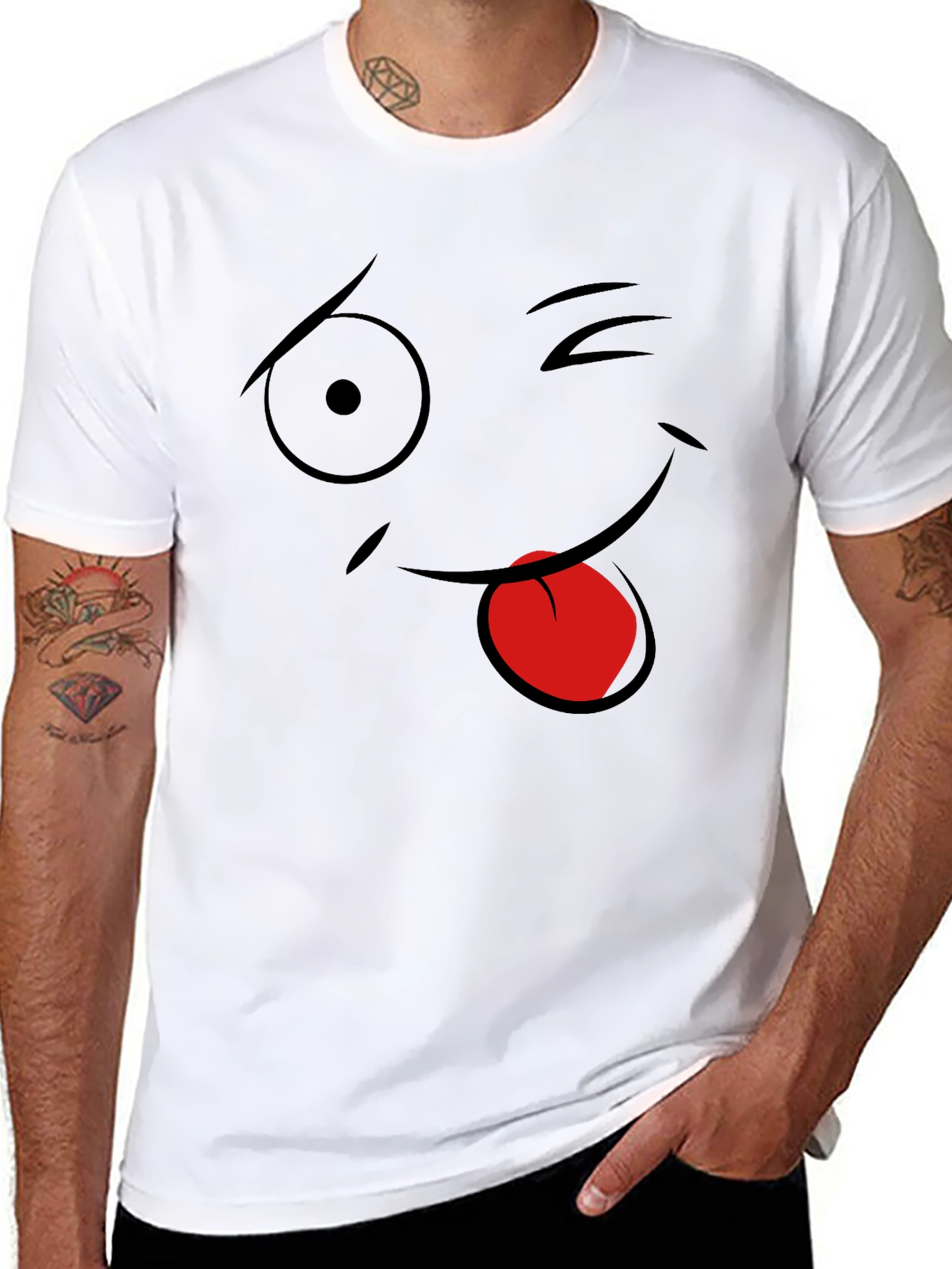 Winking Face Graphic Tee - Black Cotton T-Shirt
