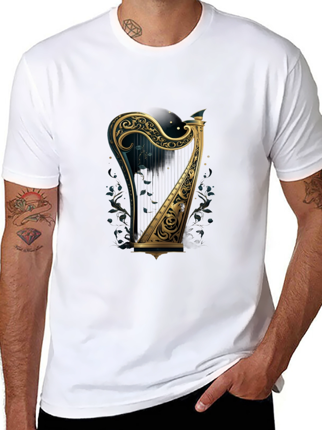 Ornate Harp Graphic Tee - Musical Instrument T-Shirt