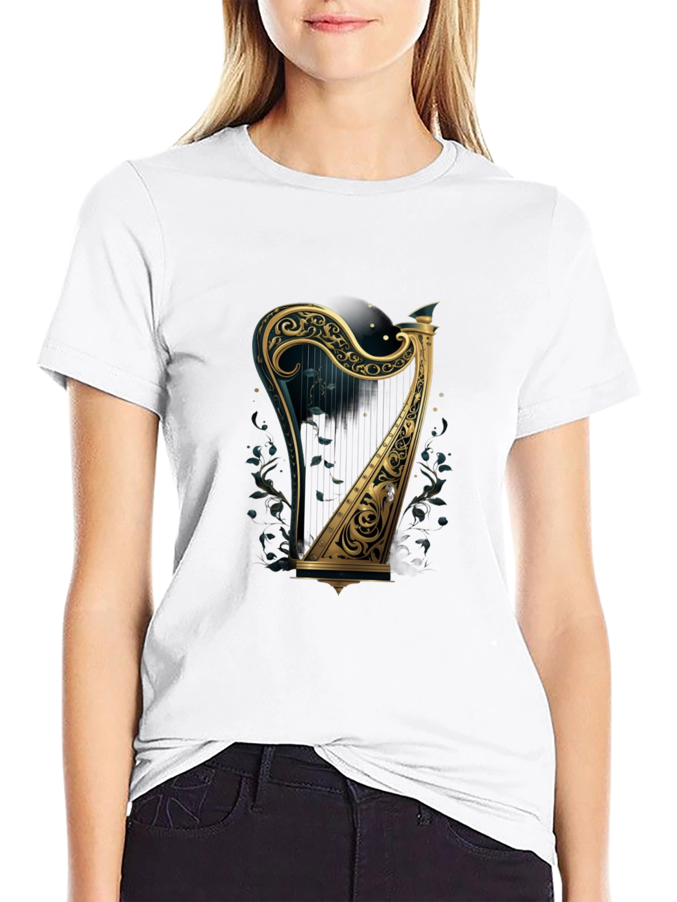 Ornate Harp Graphic Tee - Musical Instrument T-Shirt