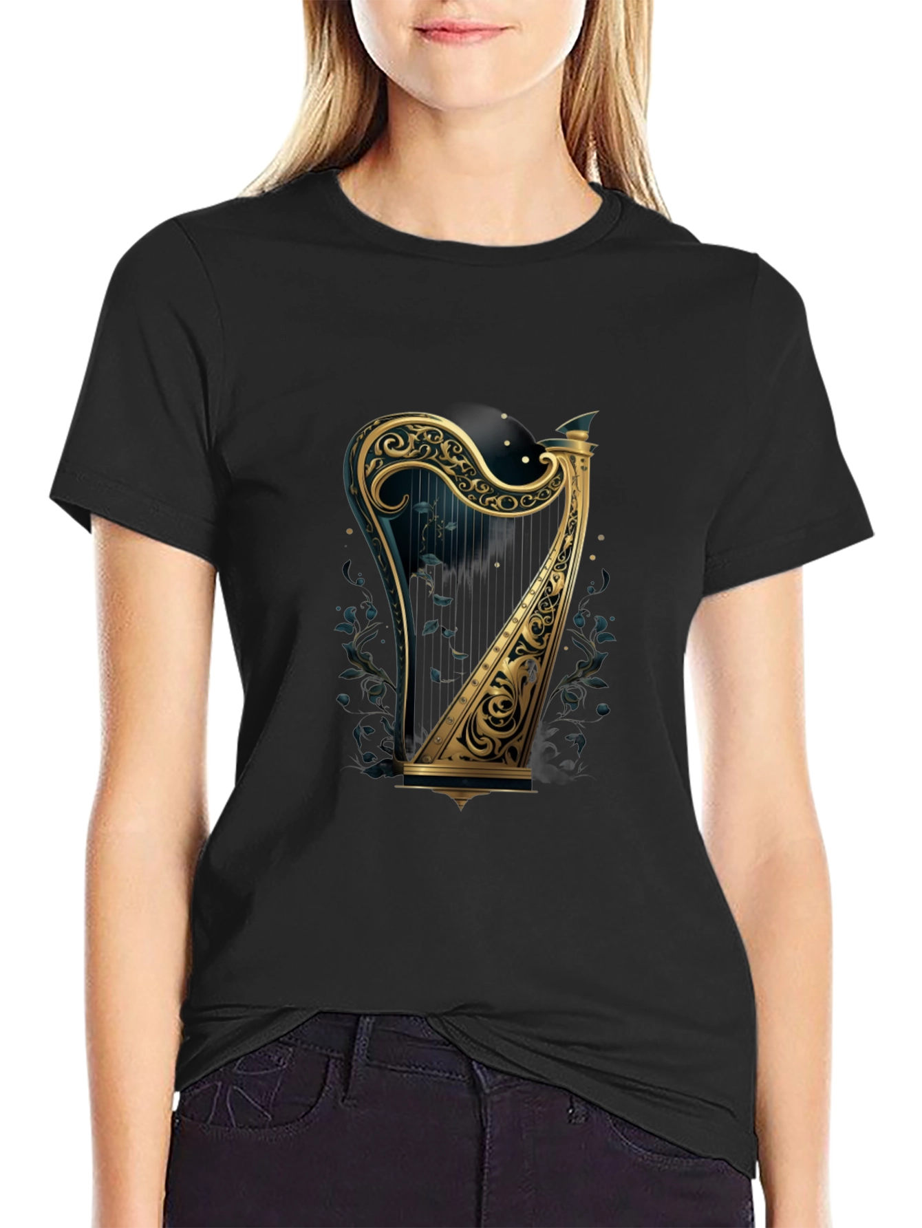Ornate Harp Graphic Tee - Musical Instrument T-Shirt