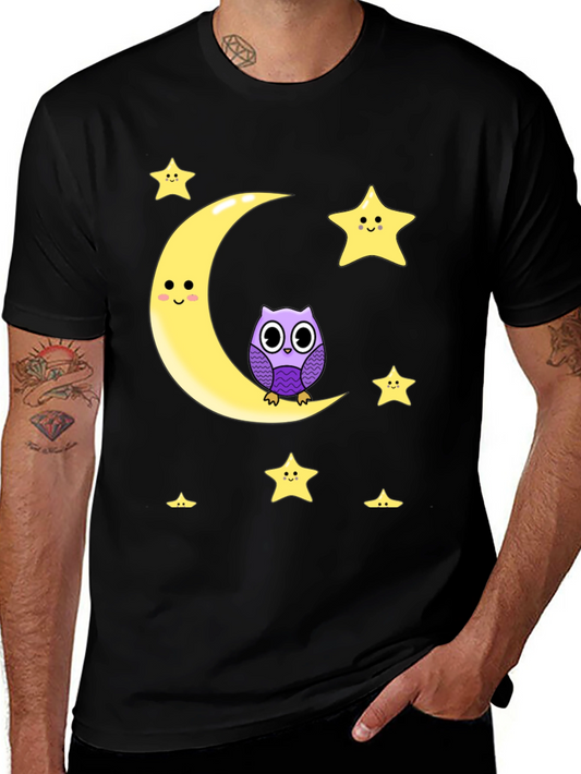 Cute Owl on Moon Graphic T-Shirt - Black Cotton Blend