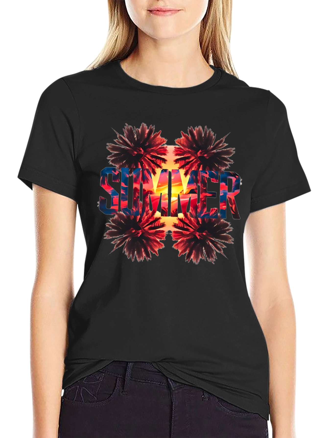 Summer Palm Tree Graphic Print Black T-Shirt