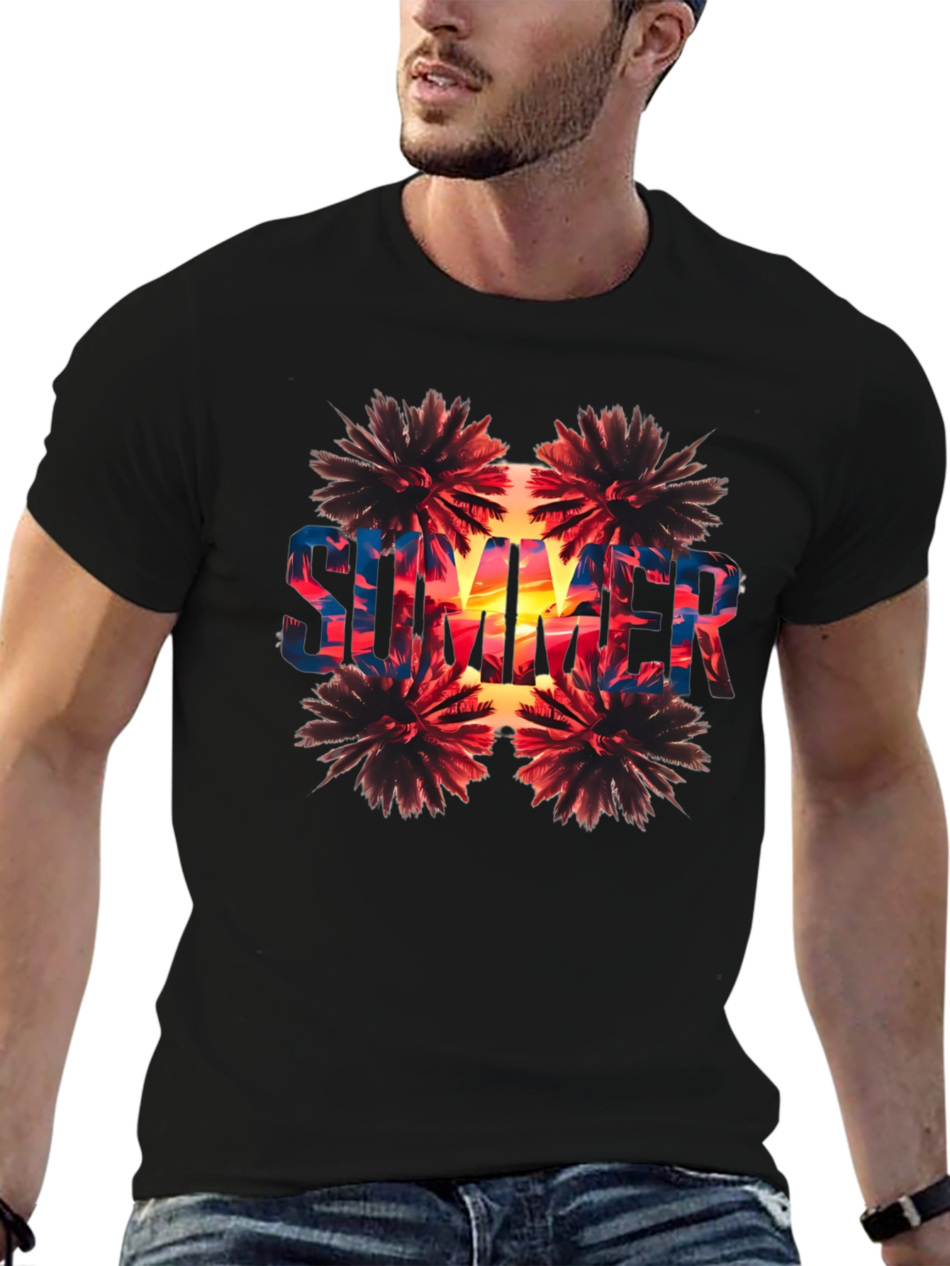 Summer Palm Tree Graphic Print Black T-Shirt