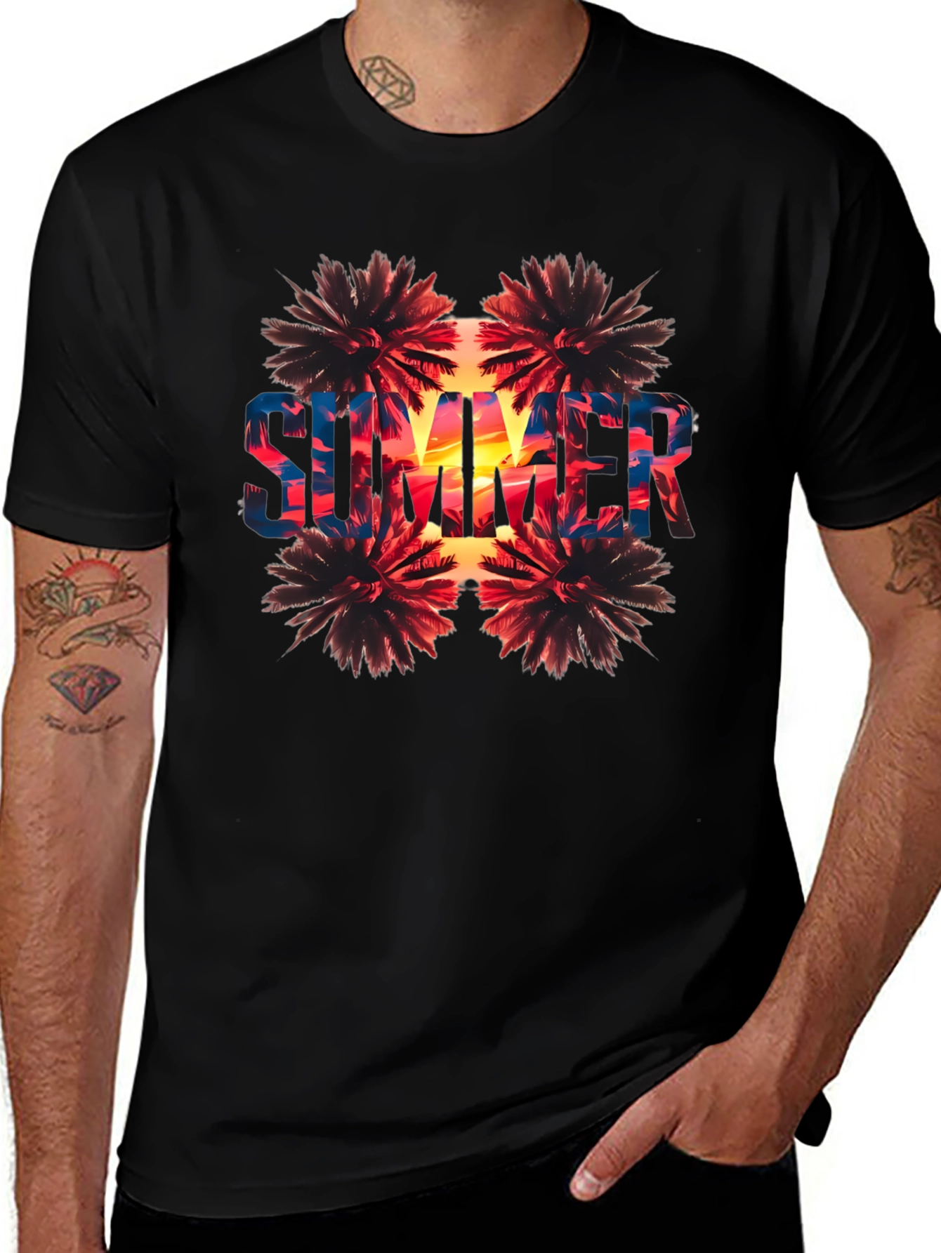 Summer Palm Tree Graphic Print Black T-Shirt