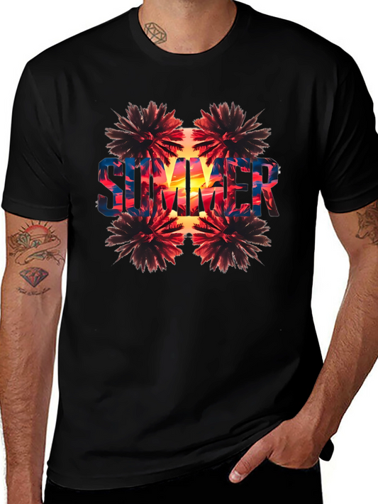 Summer Palm Tree Graphic Print Black T-Shirt