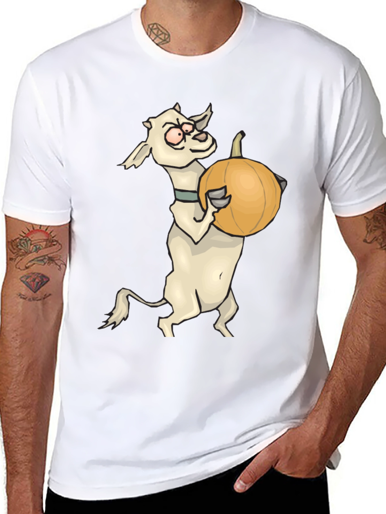 Goat Holding Pumpkin Funny Black T-Shirt