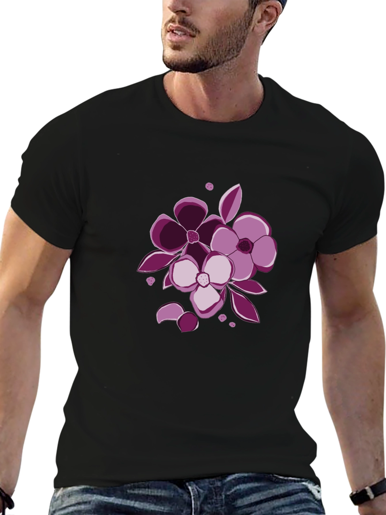 Floral Graphic Tee - Black Cotton Casual Wear