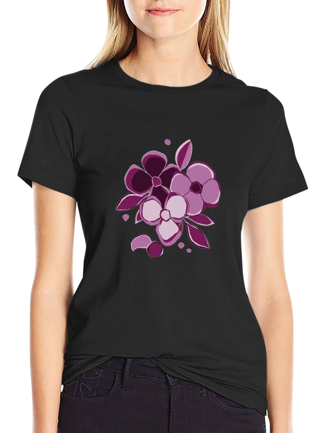 Floral Graphic Tee - Black Cotton Casual Wear