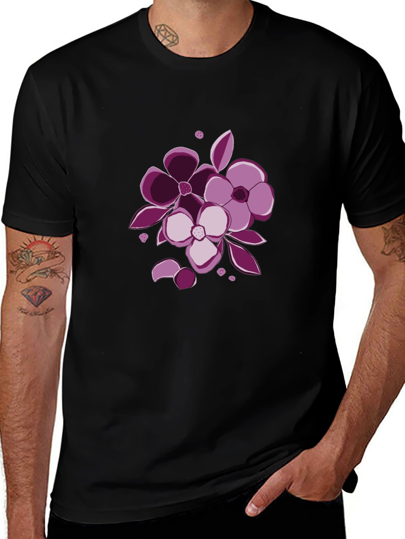 Floral Graphic Tee - Black Cotton Casual Wear