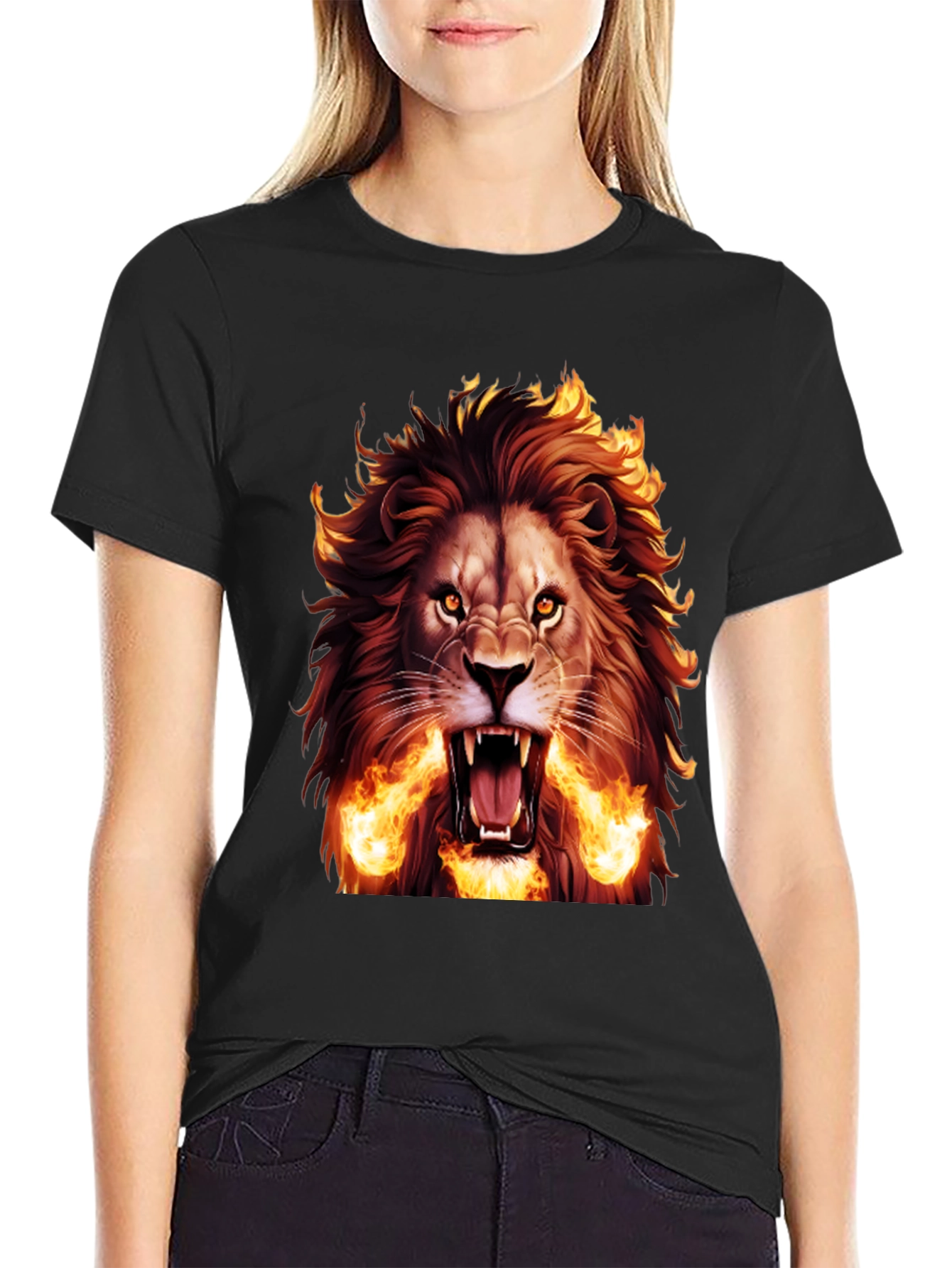 Fiery Lion Graphic Tee - Bold Black T-Shirt