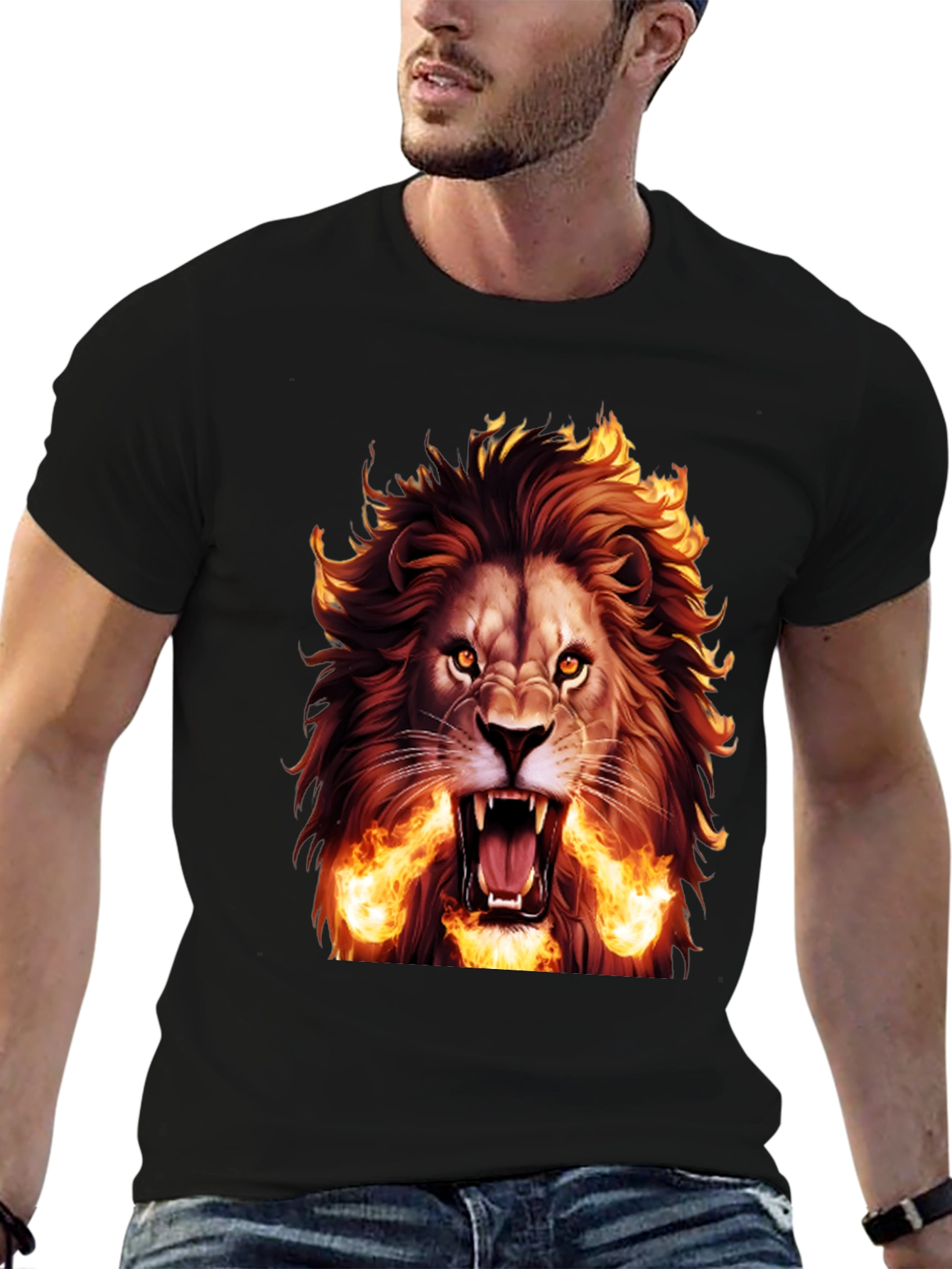 Fiery Lion Graphic Tee - Bold Black T-Shirt