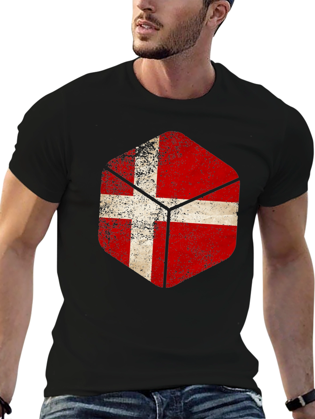 Danish Flag Hexagon Mens Black T-Shirt