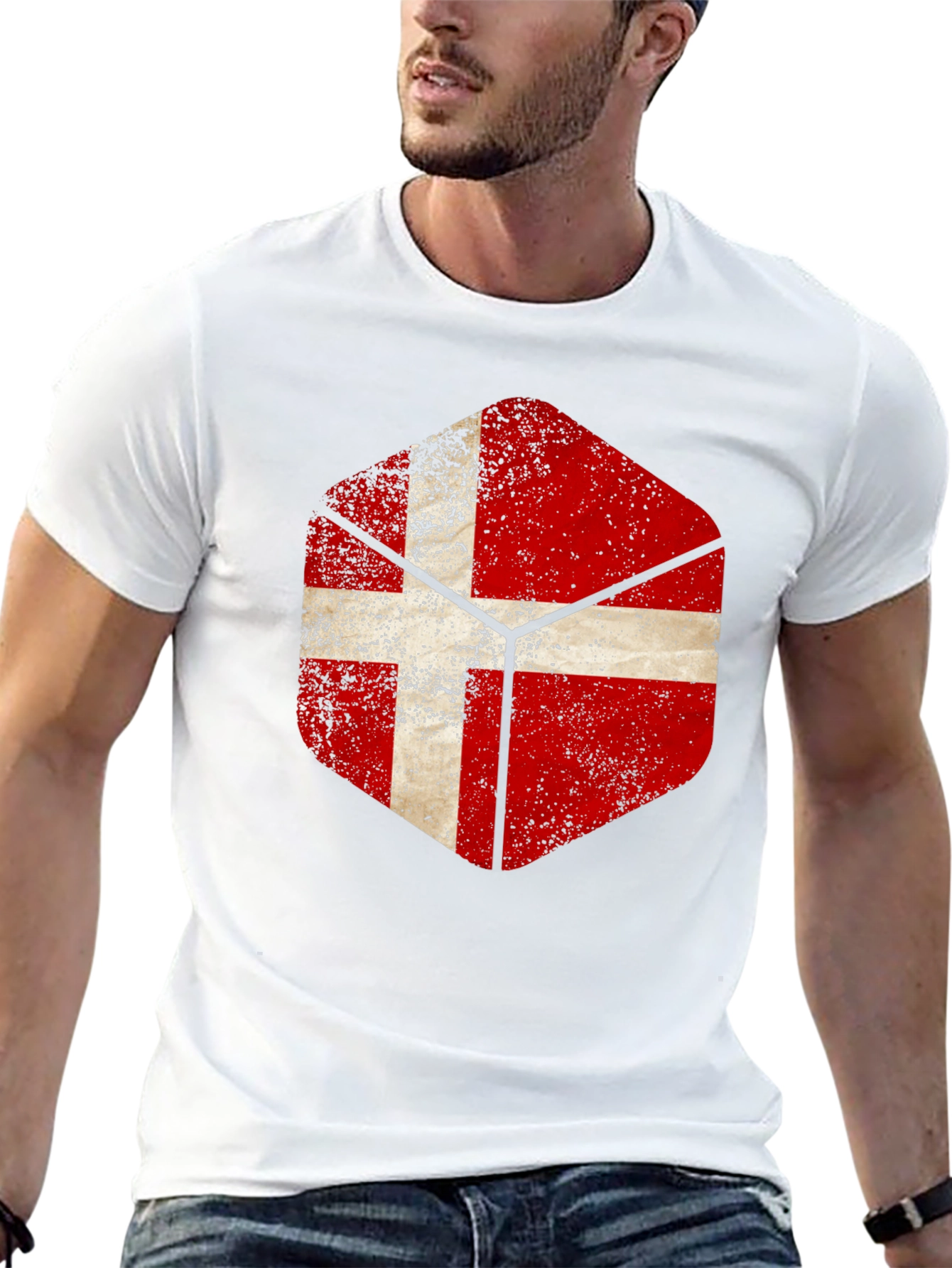 Danish Flag Hexagon Mens Black T-Shirt