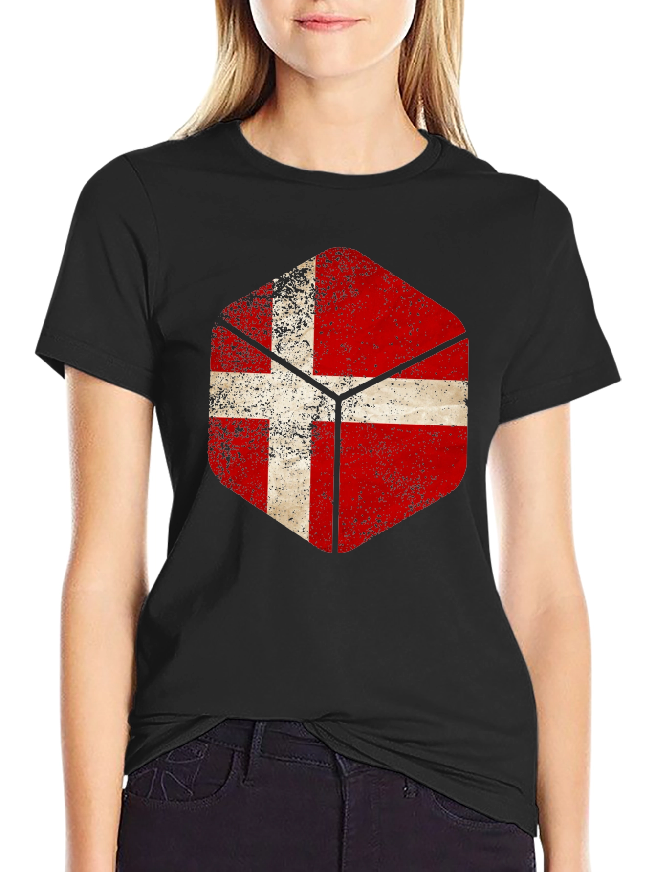 Danish Flag Hexagon Mens Black T-Shirt