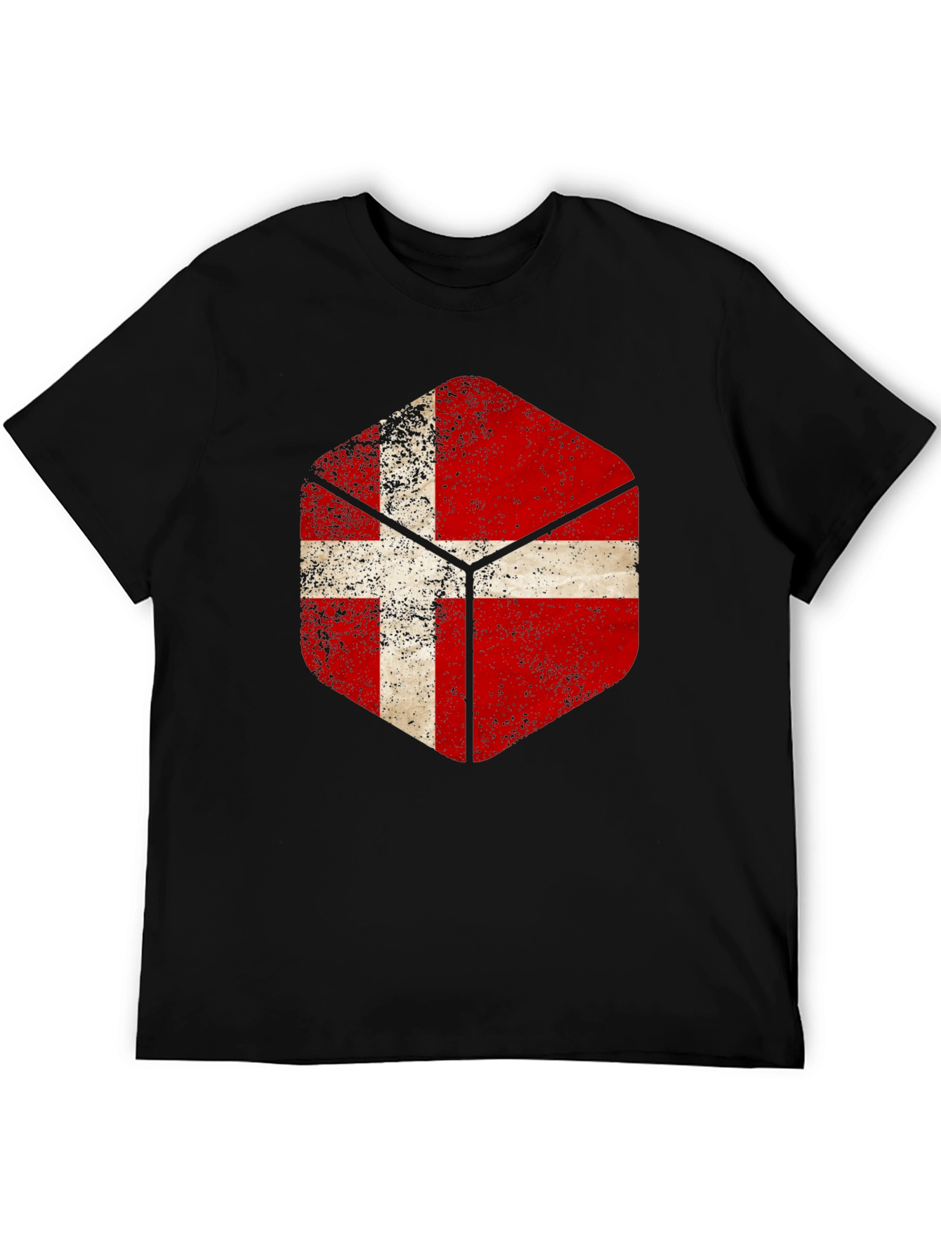 Danish Flag Hexagon Mens Black T-Shirt