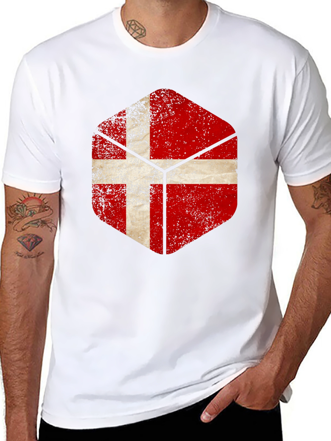 Danish Flag Hexagon Mens Black T-Shirt