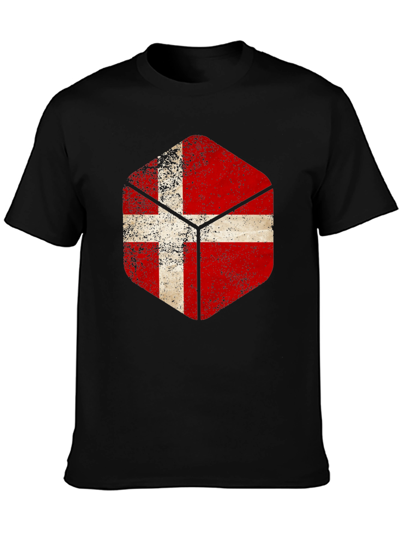 Danish Flag Hexagon Mens Black T-Shirt