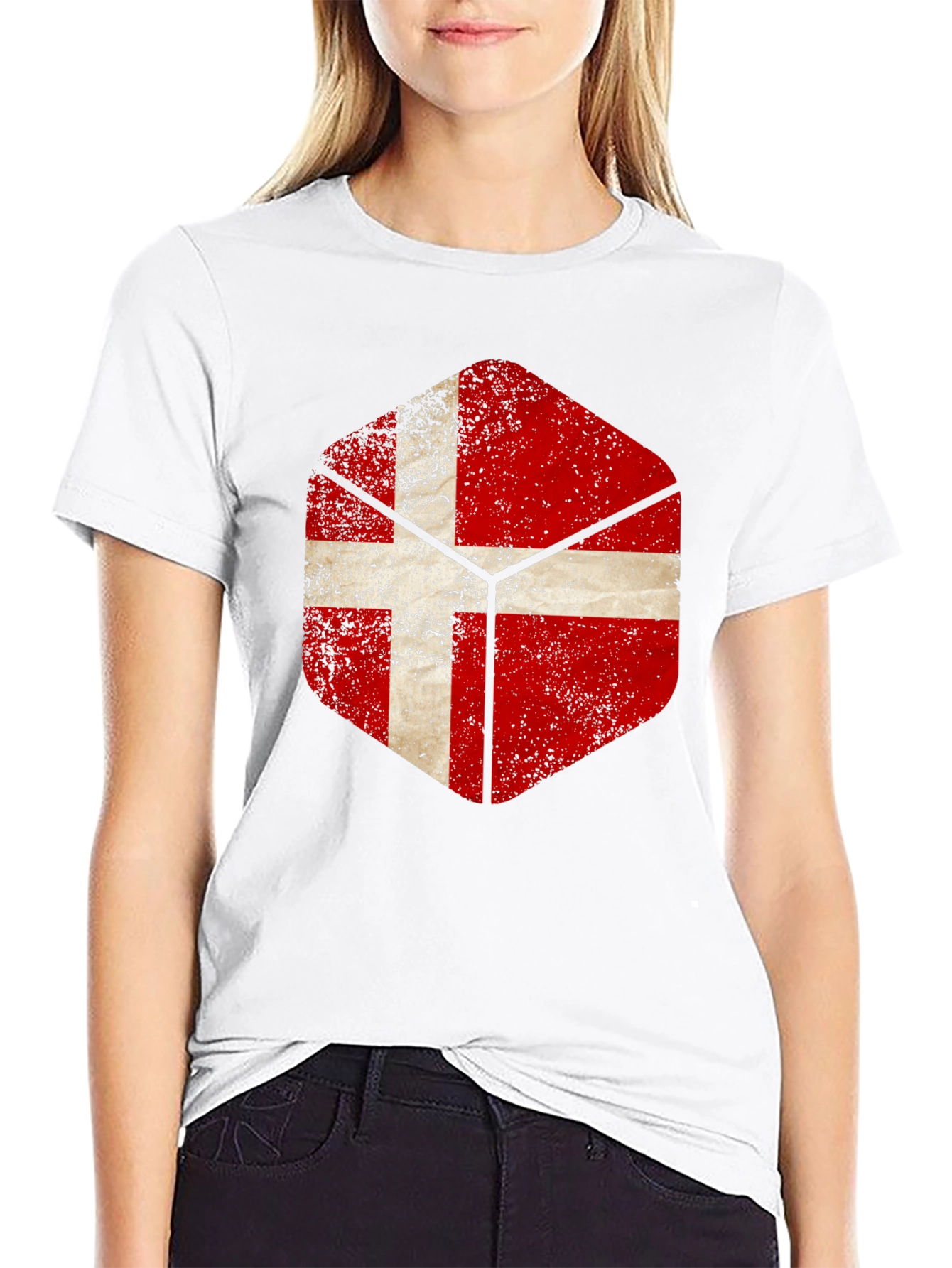 Danish Flag Hexagon Mens Black T-Shirt