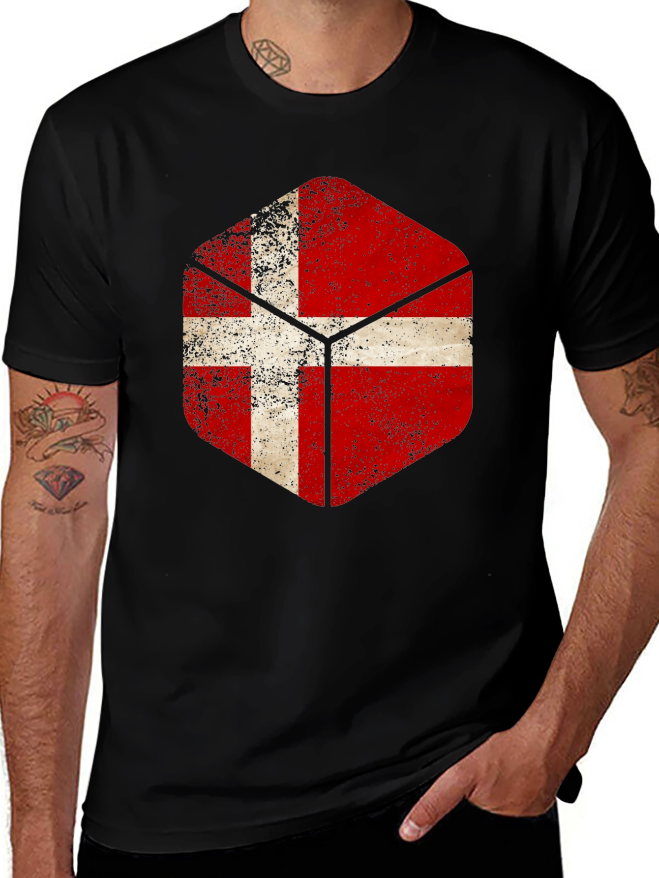 Danish Flag Hexagon Mens Black T-Shirt