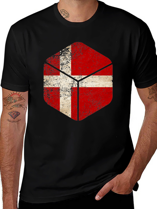 Danish Flag Hexagon Mens Black T-Shirt