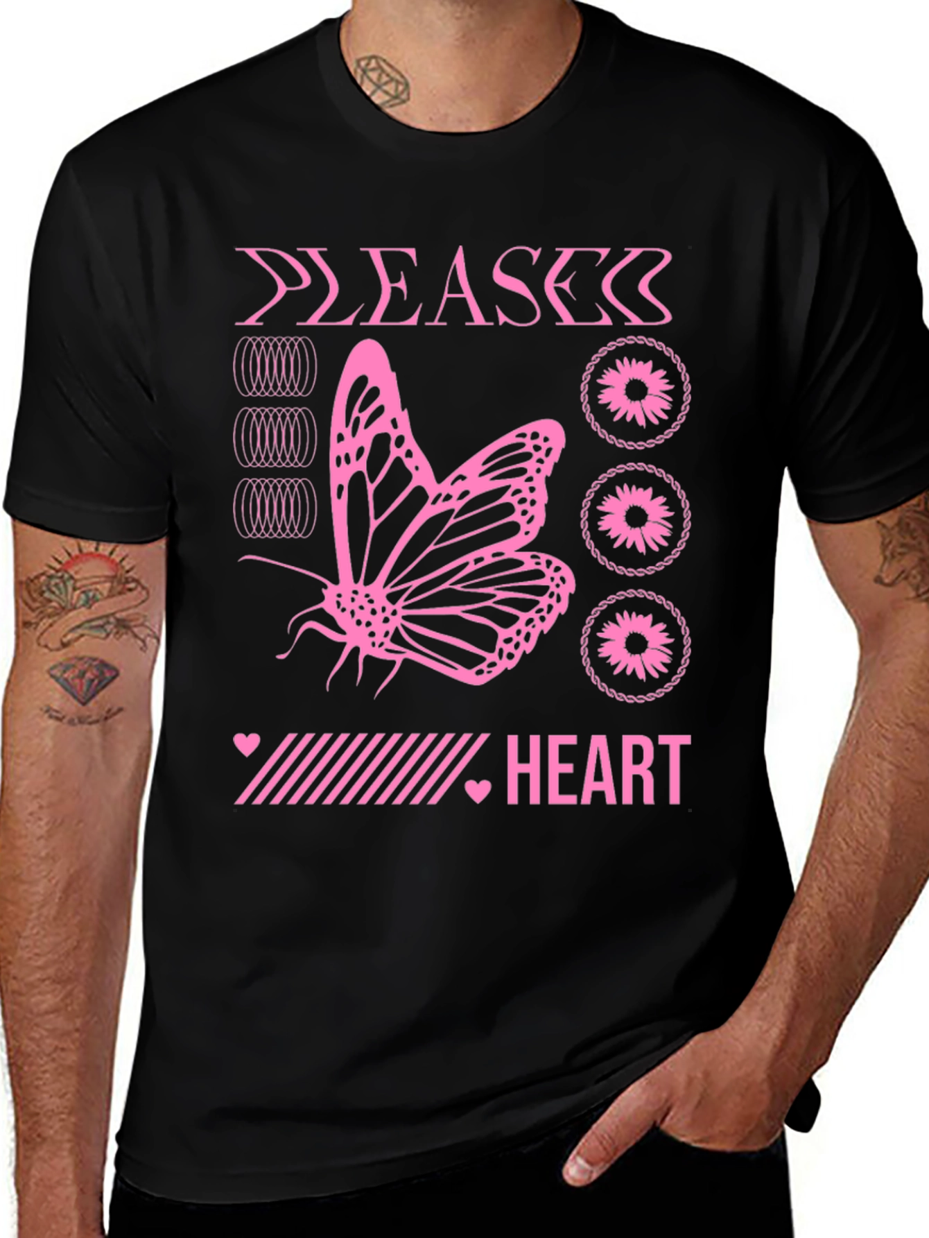 Pink Butterfly Heart Graphic Black T-Shirt