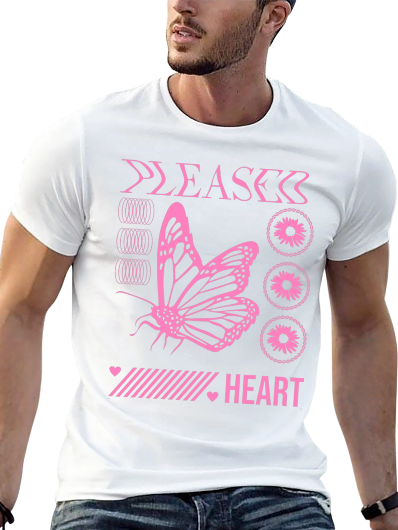 Pink Butterfly Heart Graphic Black T-Shirt