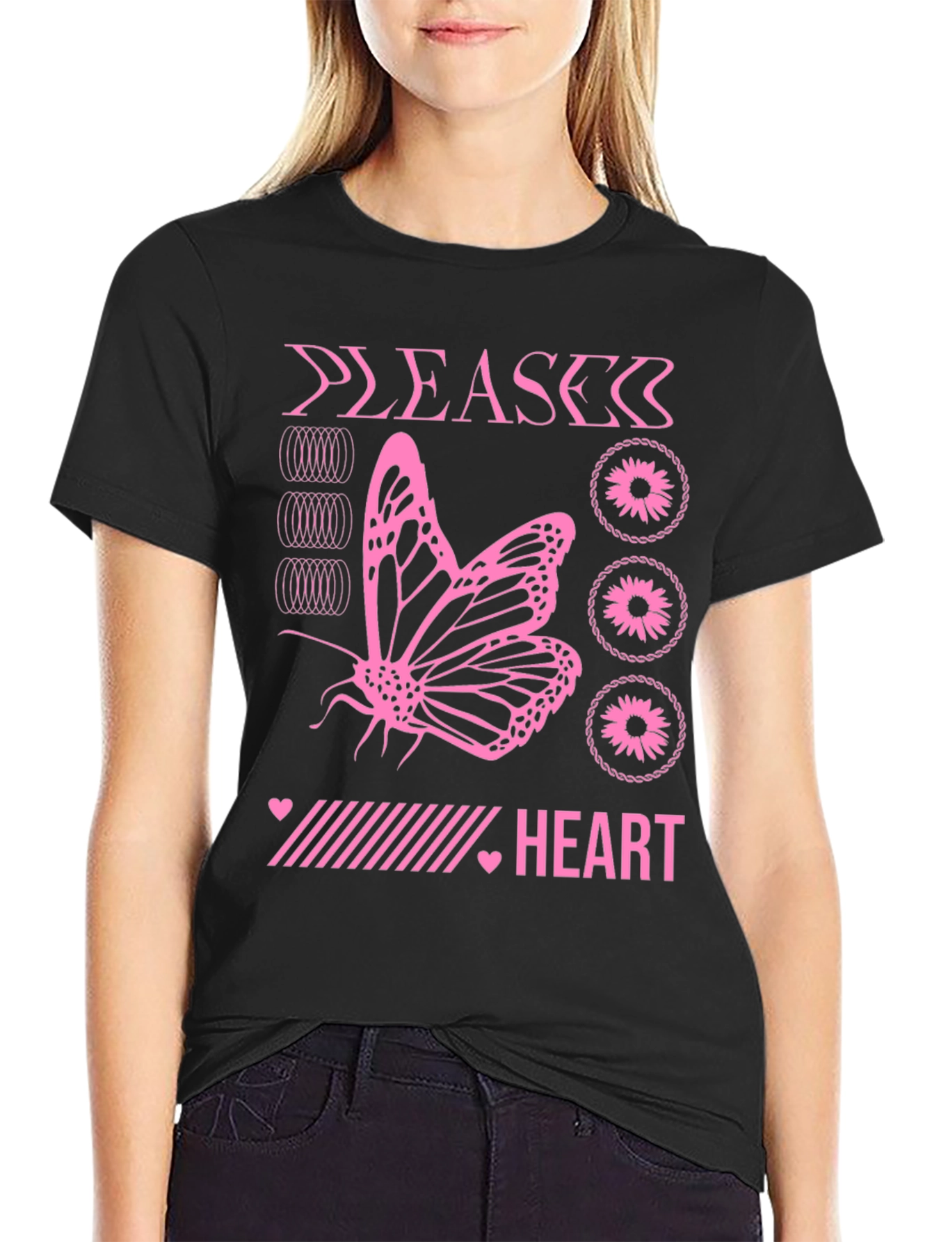 Pink Butterfly Heart Graphic Black T-Shirt