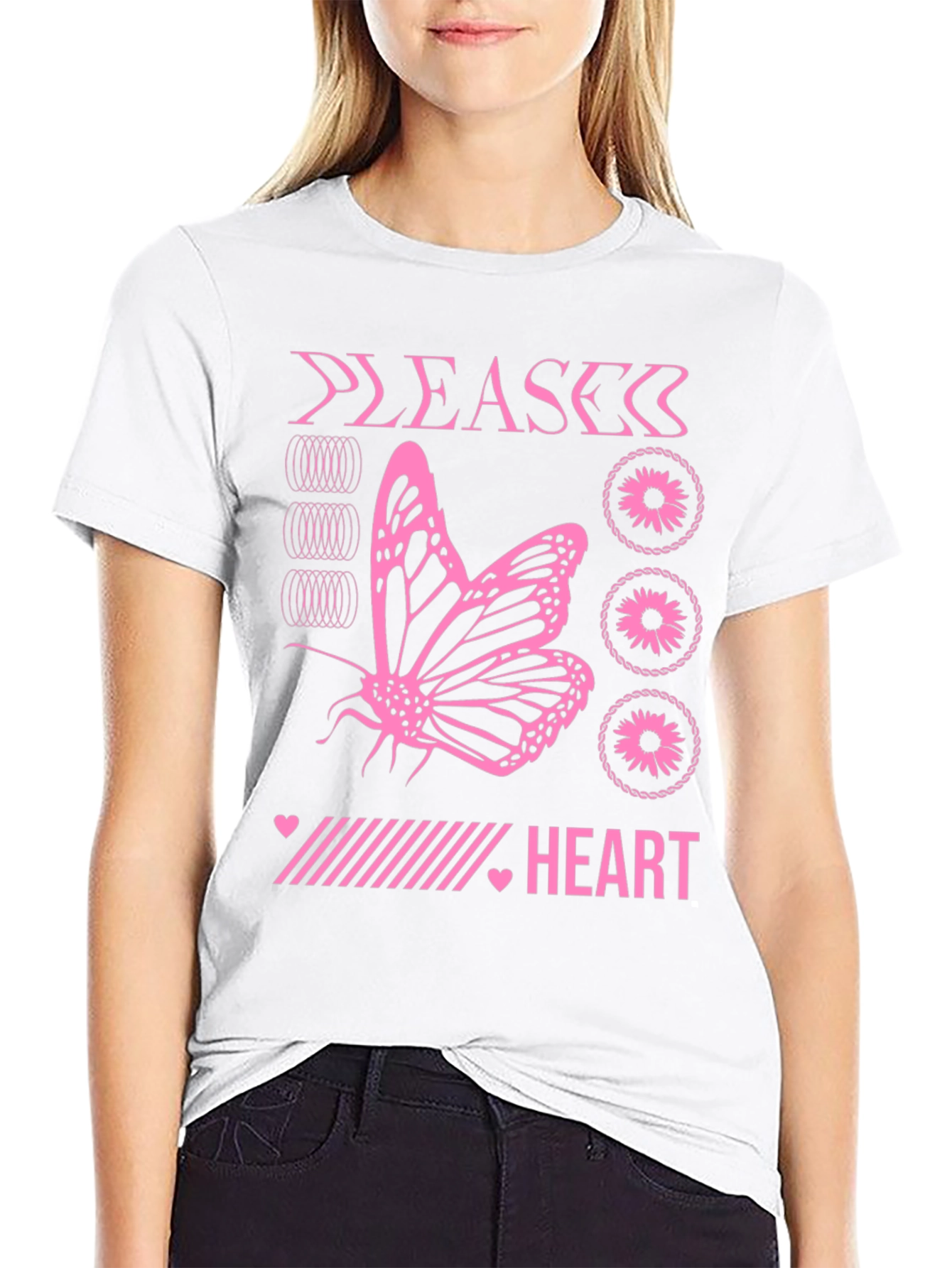 Pink Butterfly Heart Graphic Black T-Shirt
