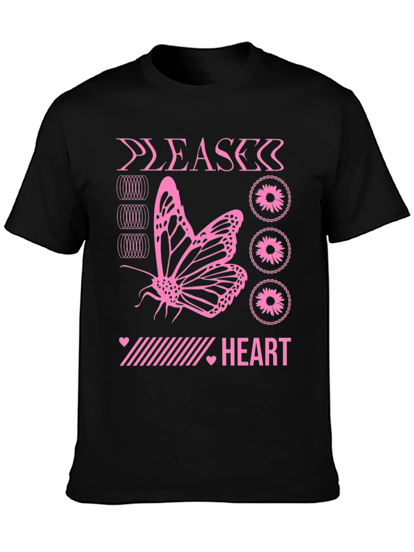 Pink Butterfly Heart Graphic Black T-Shirt
