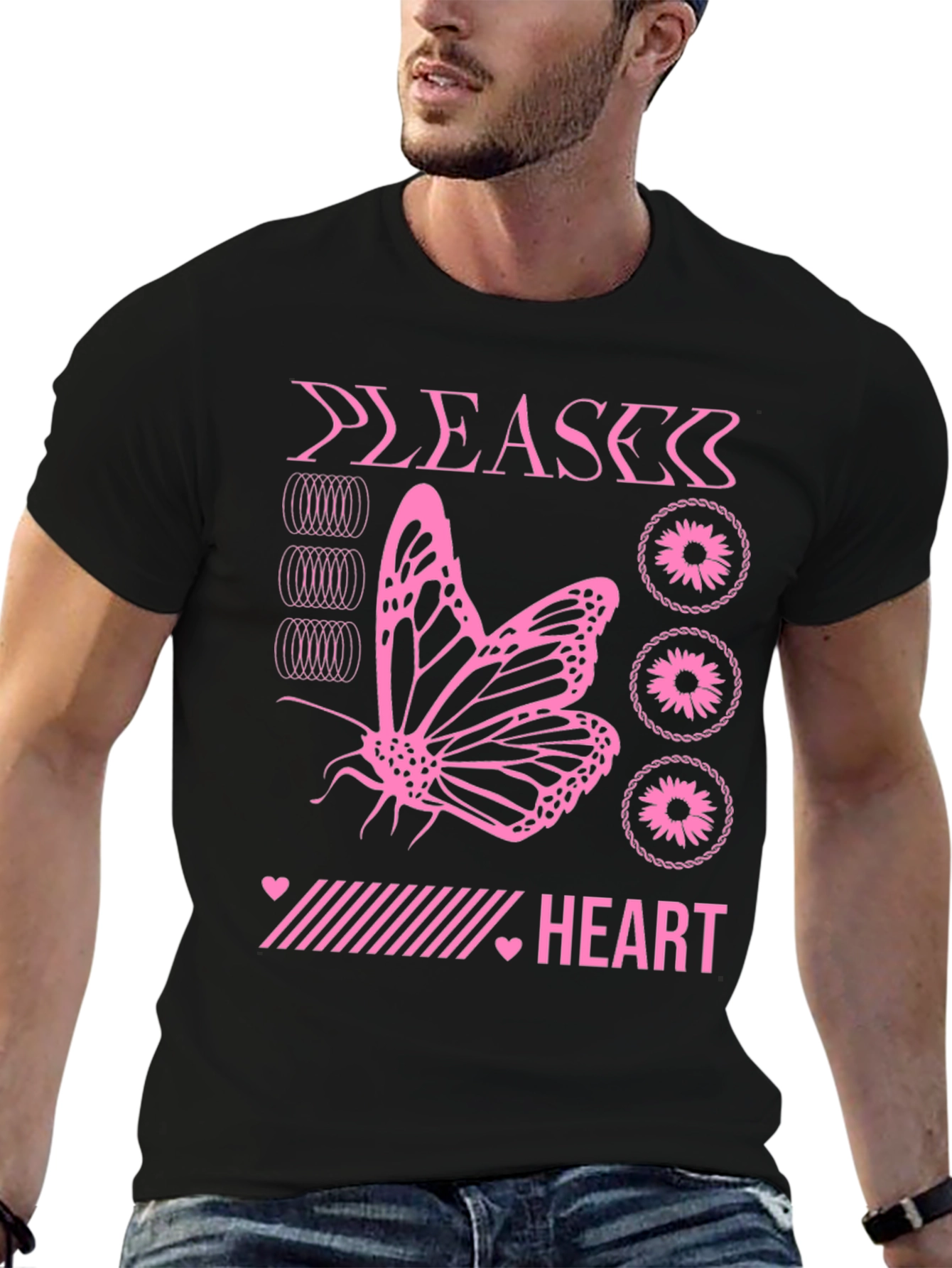 Pink Butterfly Heart Graphic Black T-Shirt