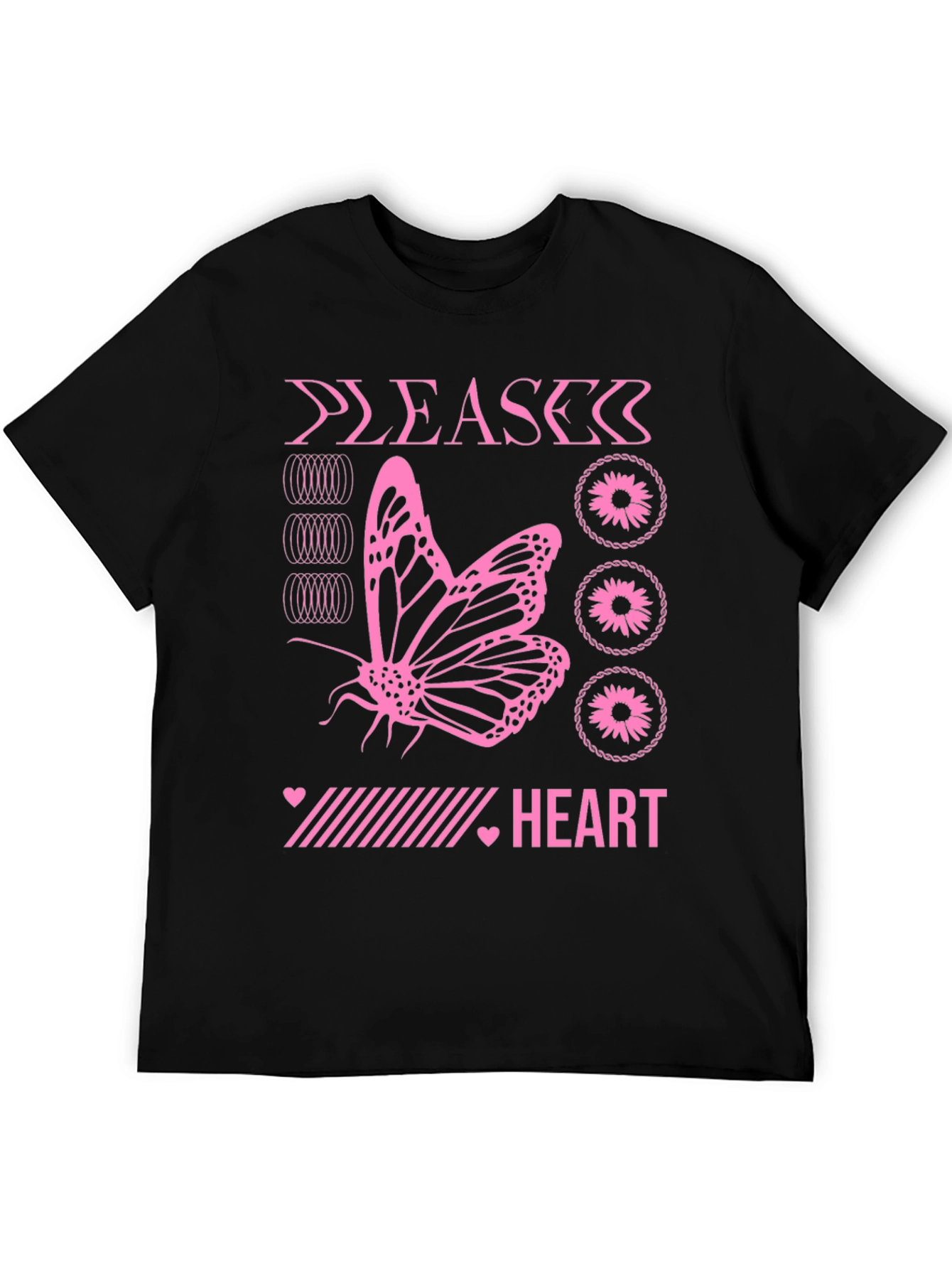 Pink Butterfly Heart Graphic Black T-Shirt
